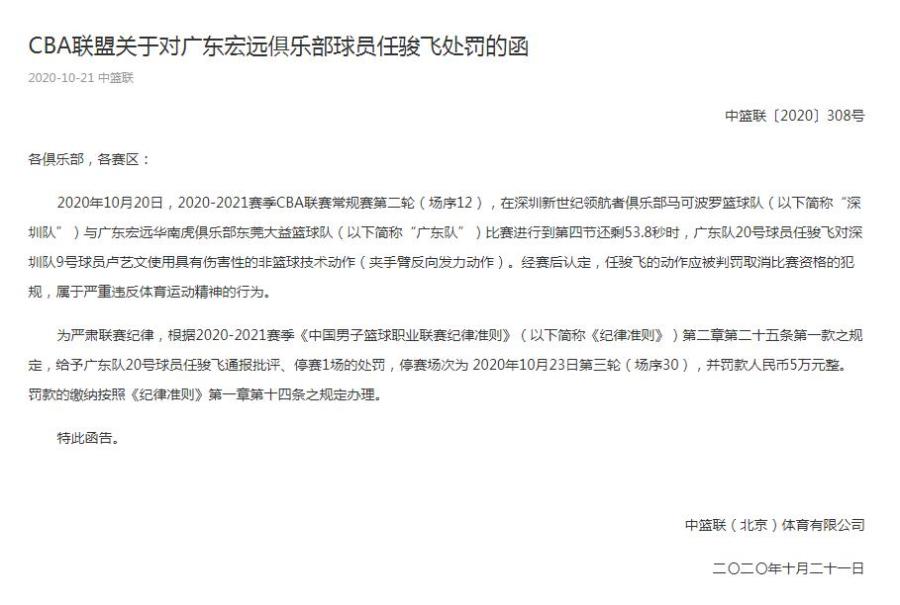 CBA联盟关于任骏飞的罚单。 CBA联盟关于任骏飞的罚单。