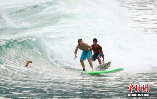 资料图：2020年11月3日，市民在香港大浪湾泳滩游泳、冲浪或休闲。/p中新社记者 张炜 摄