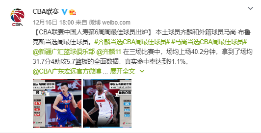 CBA周最佳球员：齐麟和马尚·布鲁克斯分别当选