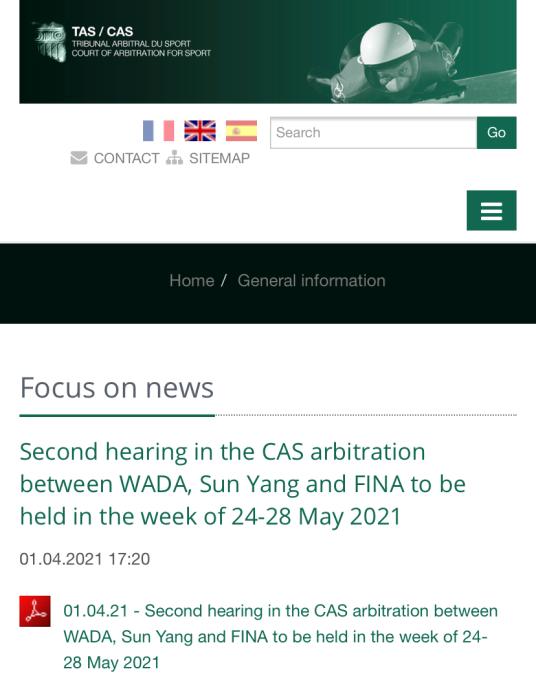 国际体育仲裁法庭网站截图。 国际体育仲裁法庭网站截图。