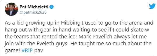 前NHL球员米切莱蒂发文缅怀帕维利奇。 前NHL球员米切莱蒂发文缅怀帕维利奇。