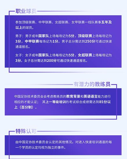 中国足协为符合要求的退役球员设立教练员培训绿色通道。 中国足协为符合要求的退役球员设立教练员培训绿色通道。