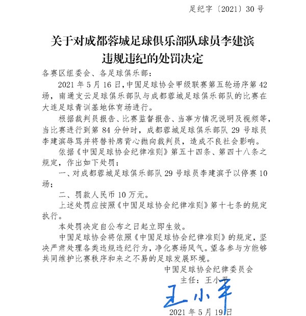 中国足协:球员李建滨因辱骂裁判停赛10场、罚款10万