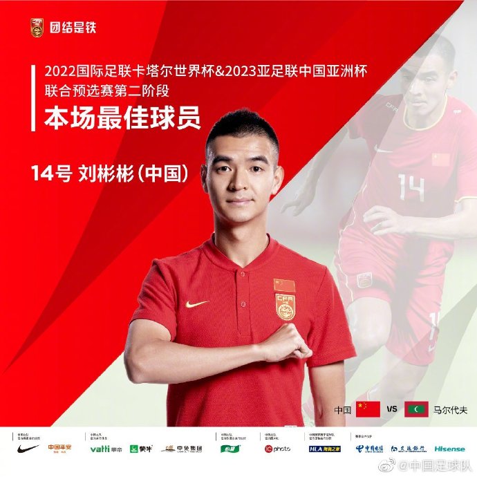 为中国队首开记录的刘彬彬当选本场最佳球员。图片来源:中国足球队。 为中国队首开记录的刘彬彬当选本场最佳球员。图片来源:中国足球队。